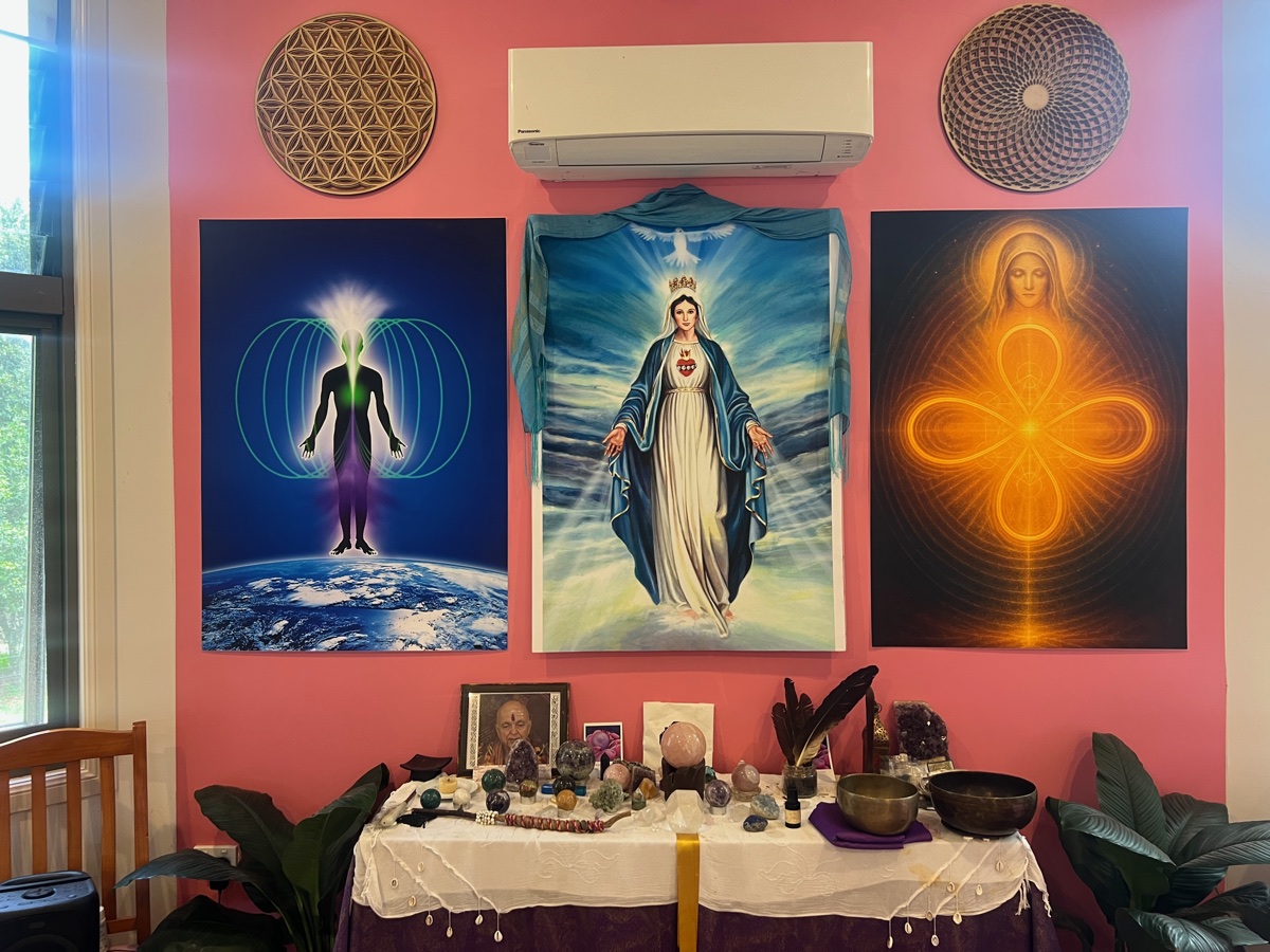 The Temple altar, with Mother Mary, sacred art and crystals
